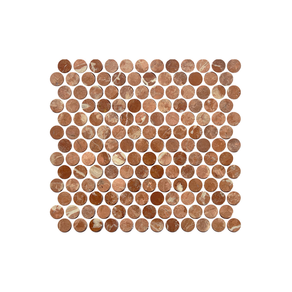 Artemis PennyRound 23x23mm honed brown marble mosaic tiles in grid layout with natural veining variation by Tilemall