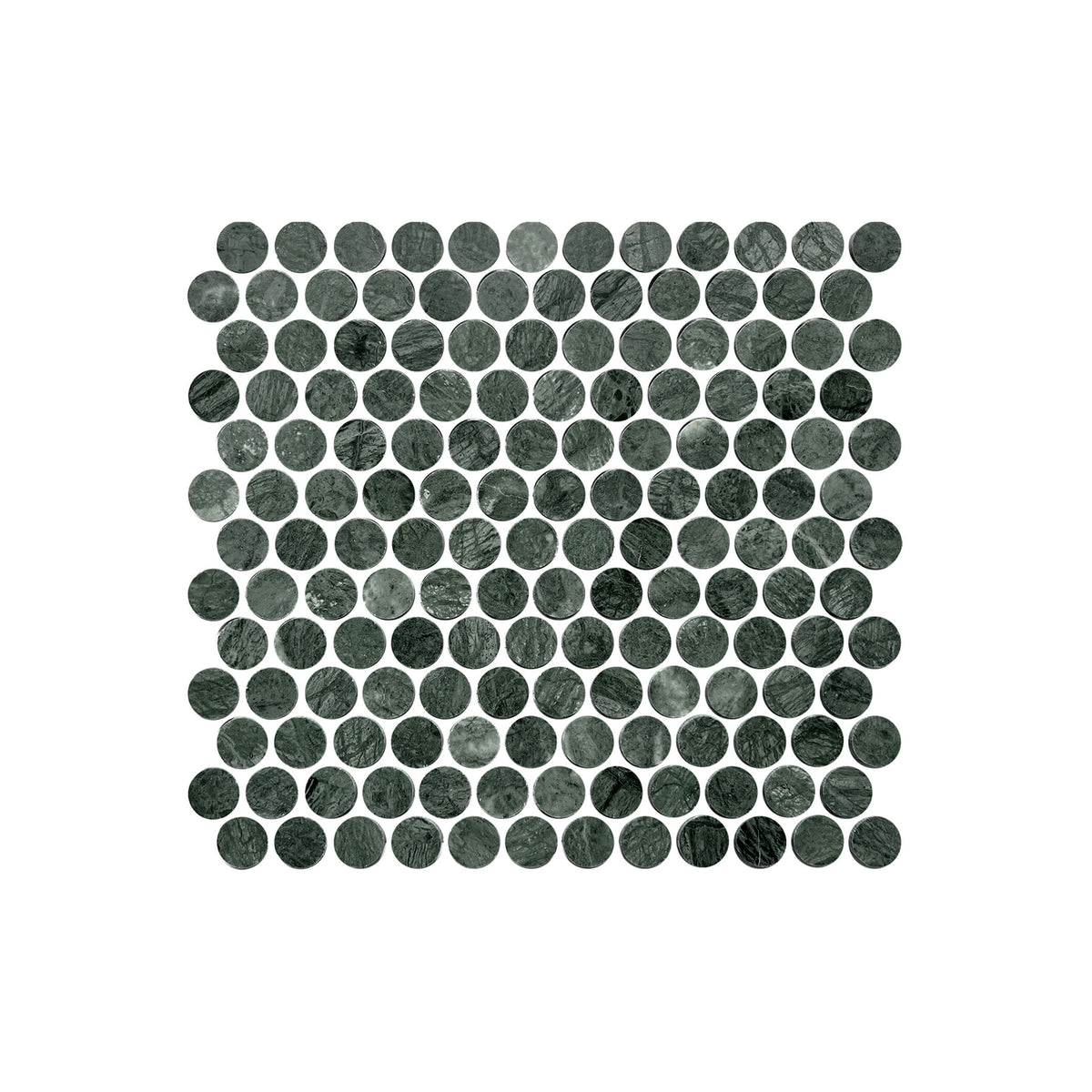 Artemis PennyRound 23x23mm honed Indian green marble mosaic tiles in grid layout showing natural veining variation by Tilemall