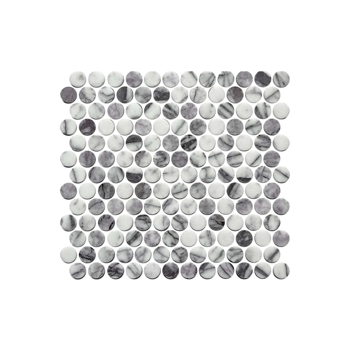 Artemis PennyRound 23x23mm honed New York Stone marble mosaic in grid layout with grey and white veining variation by Tilemall