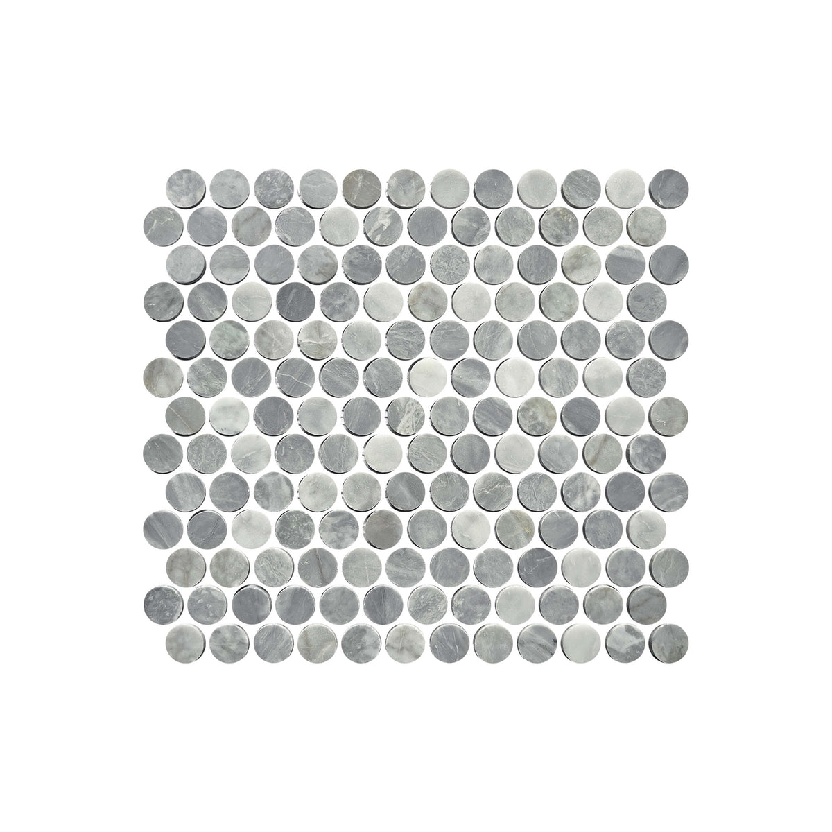 Artemis PennyRound 23x23mm honed carrara grey marble mosaic tiles in grid layout showing natural veining variation by Tilemall