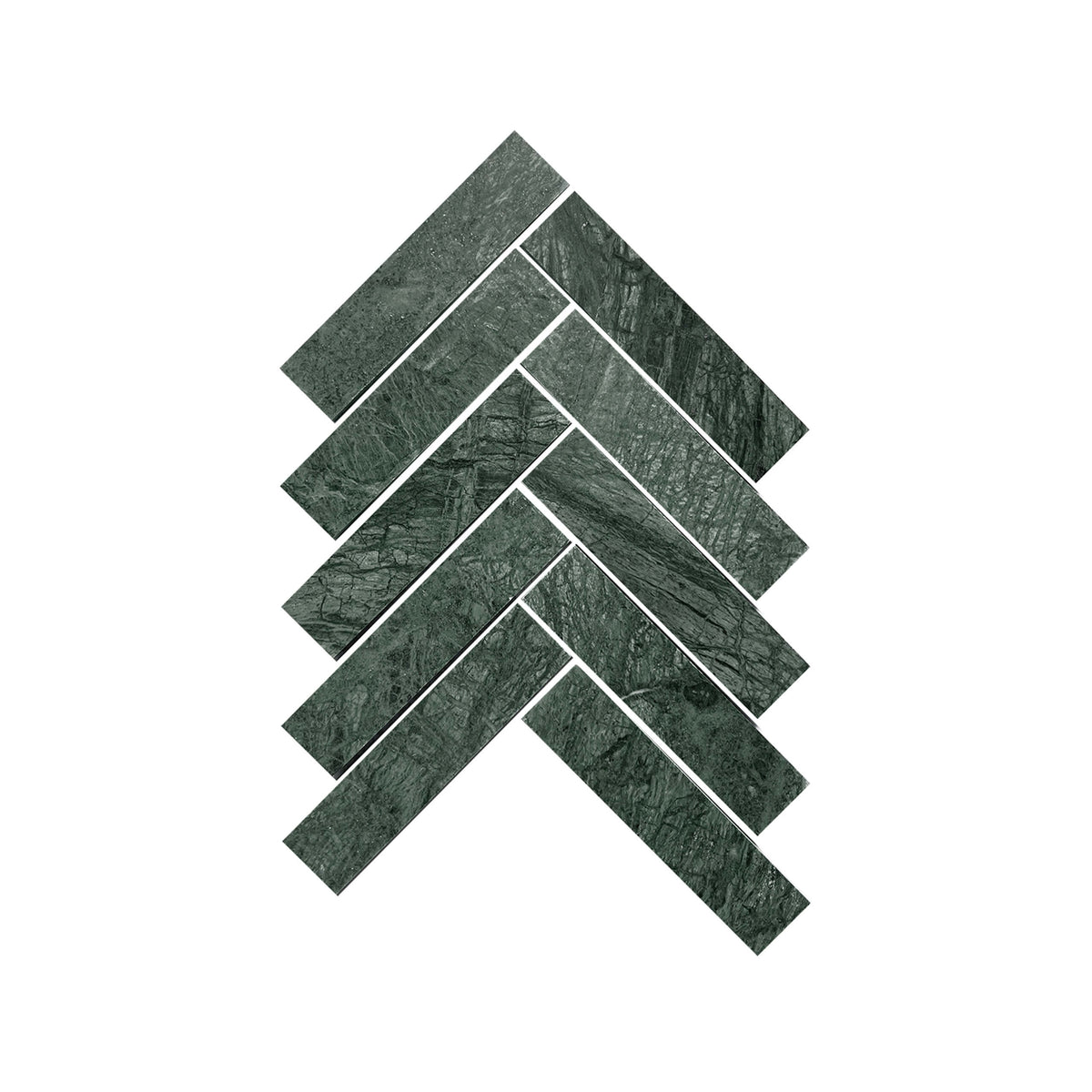 Artemis 35x150mm honed Indian green marble mosaic tiles in herringbone pattern by Tilemall