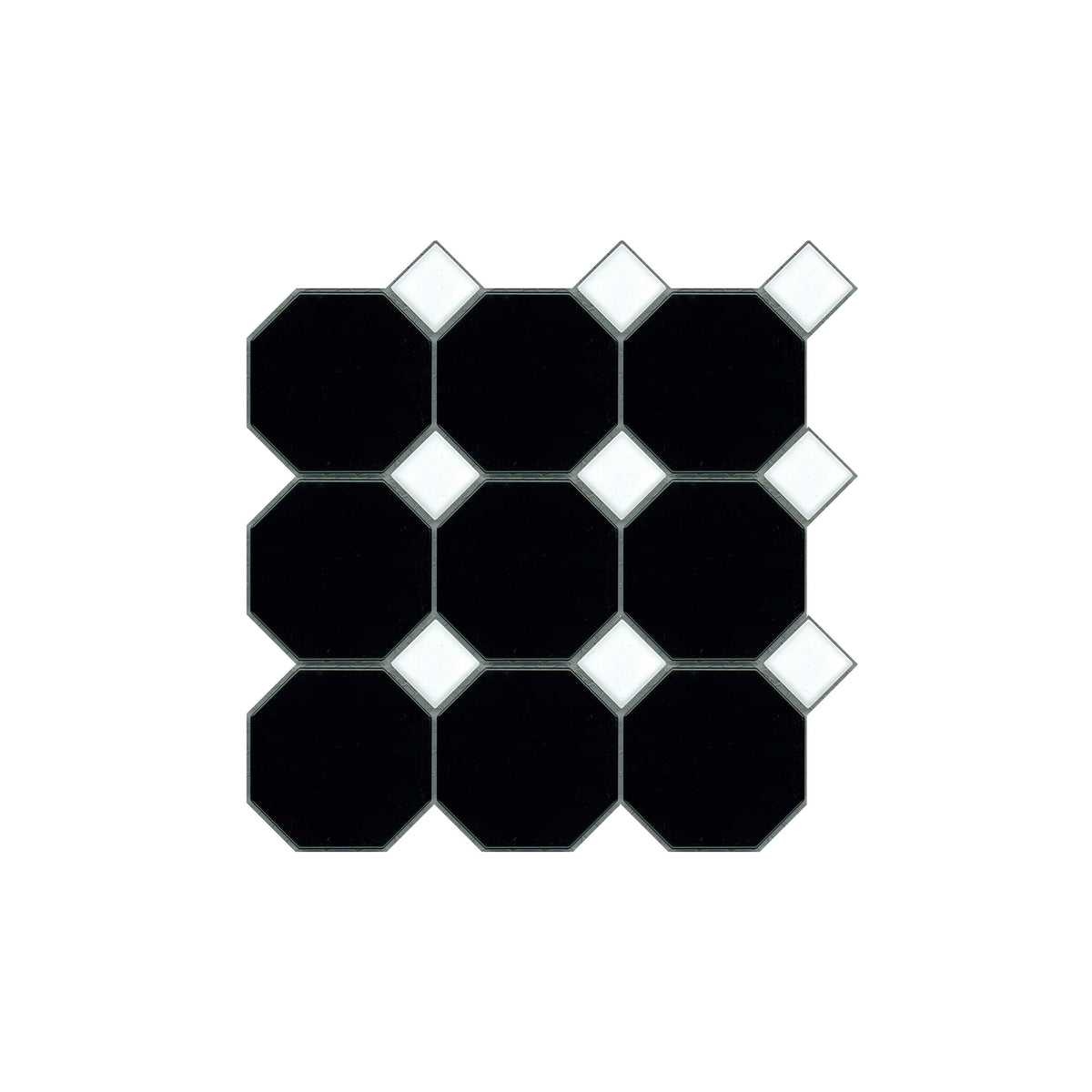 Octagon 97x97mm matt black porcelain mosaic with gloss white dot accents in grid layout by Tilemall