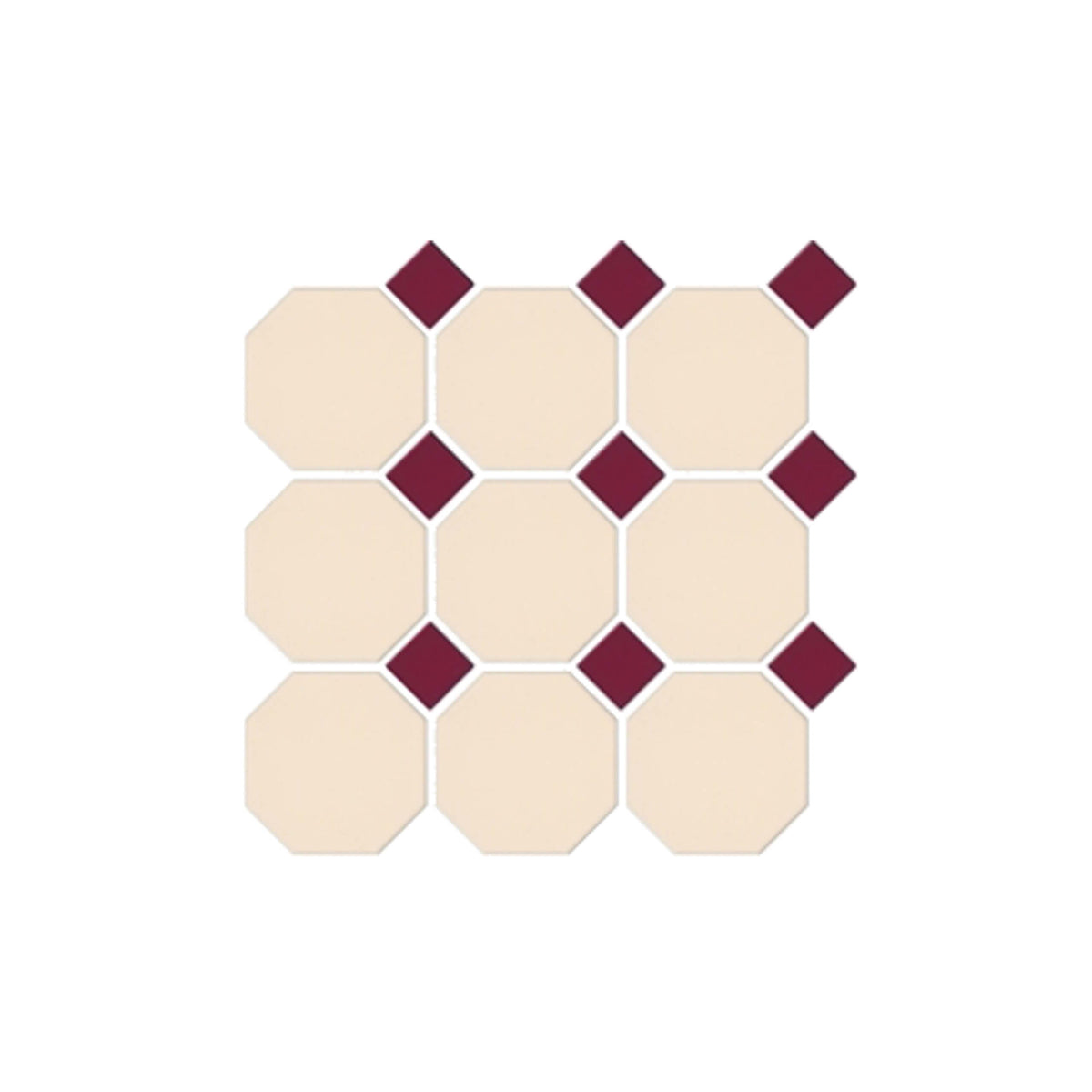 Octagon 97x97mm matt cream porcelain mosaic tile with burgundy dot accents in grid layout by Tilemall