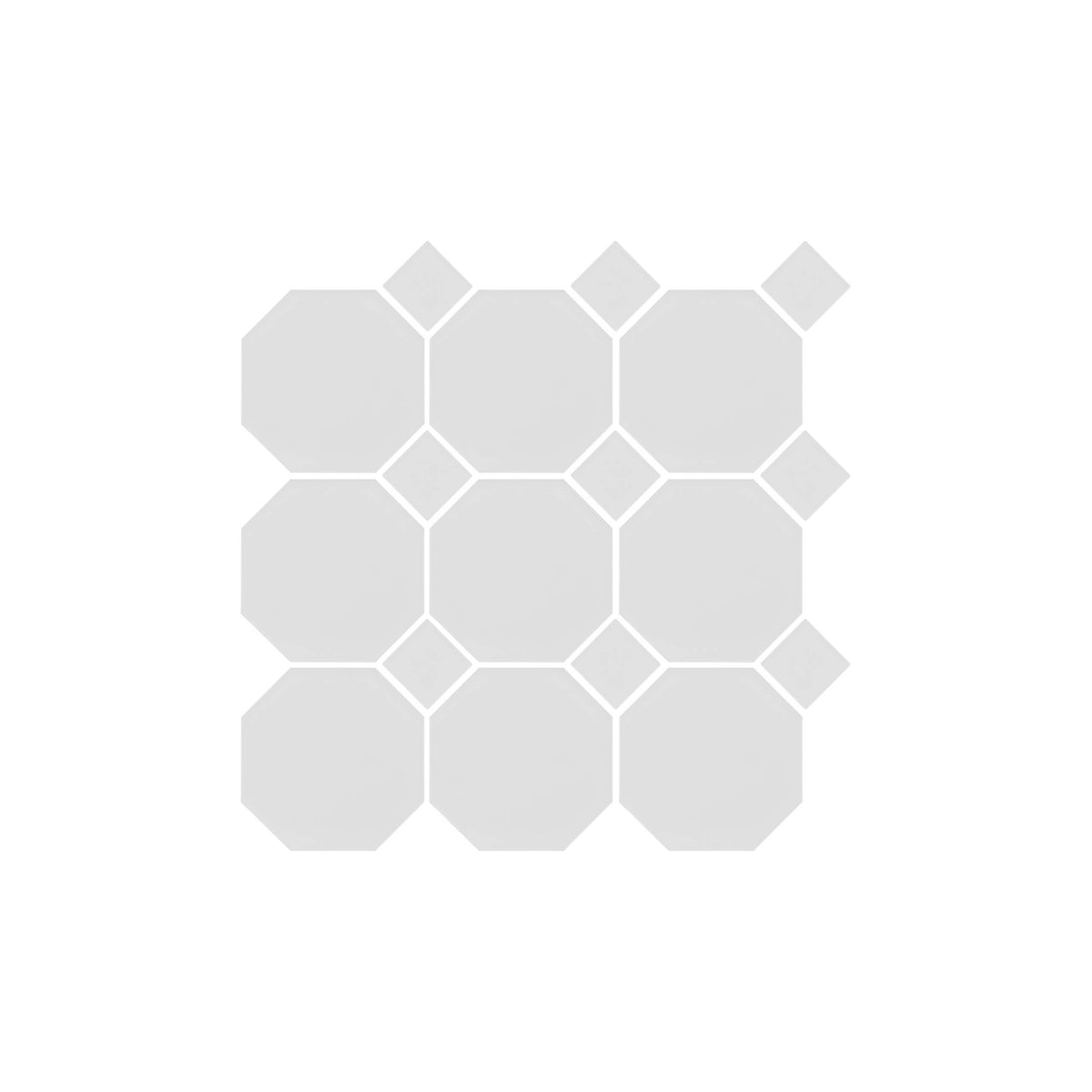 Octagon 97x97mm matt white porcelain mosaic with gloss white dot accents in grid layout by Tilemall