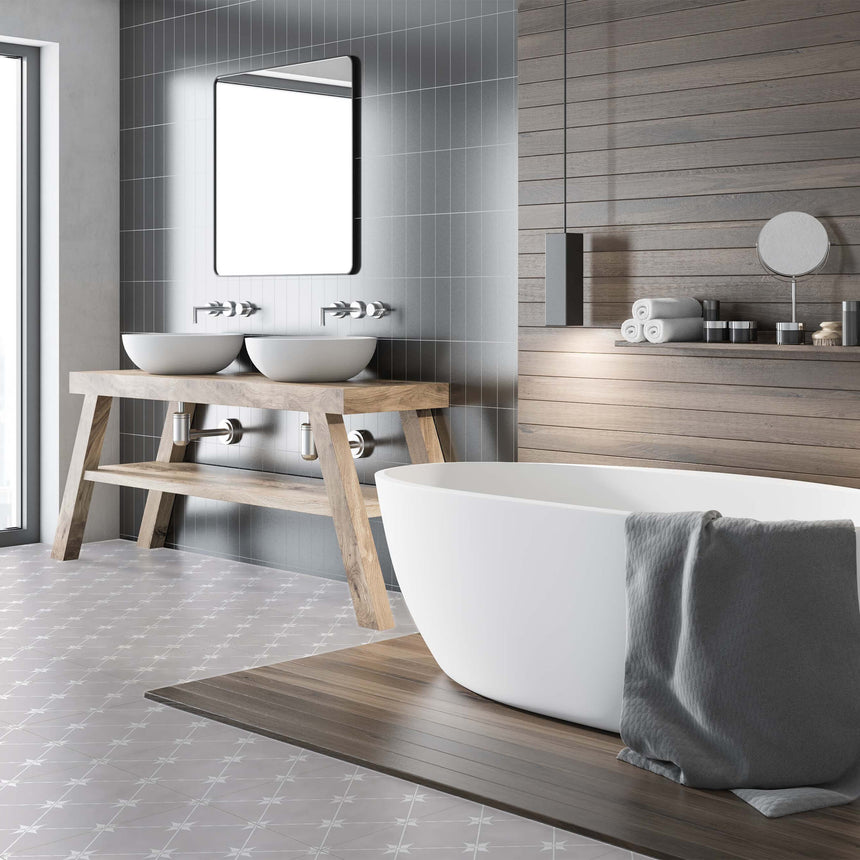 Lyndhurst 300x300 Matt Soft Grey Encaustic Look Tiles Tilemall