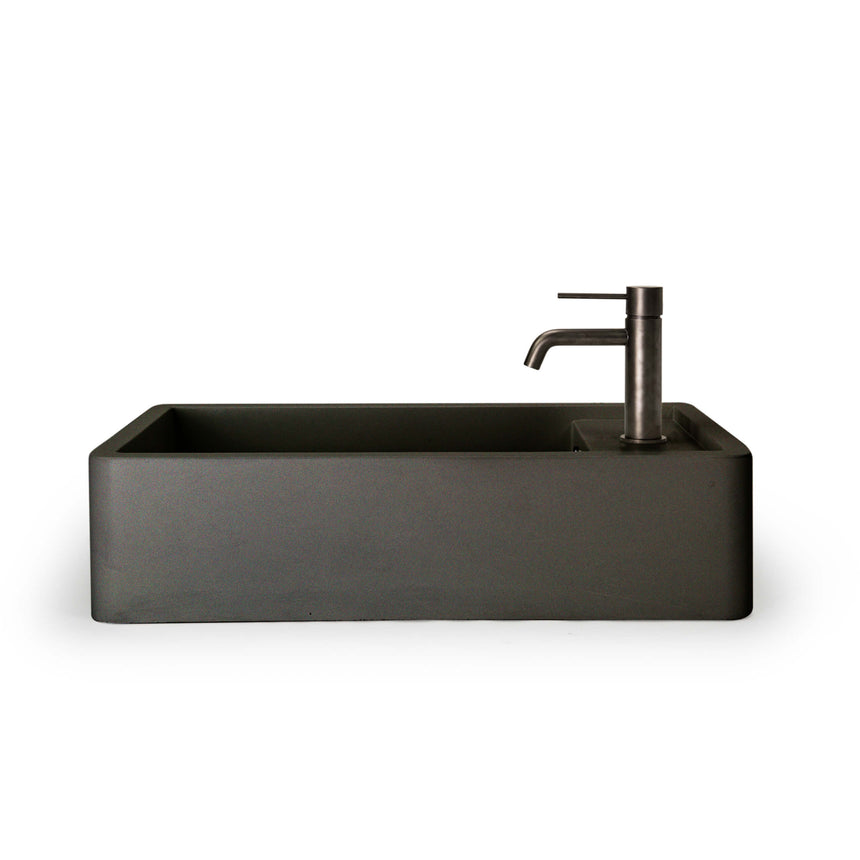 Nood Co Shelf 02 charcoal basin installed with black cylindrical mixer tap by Tilemall