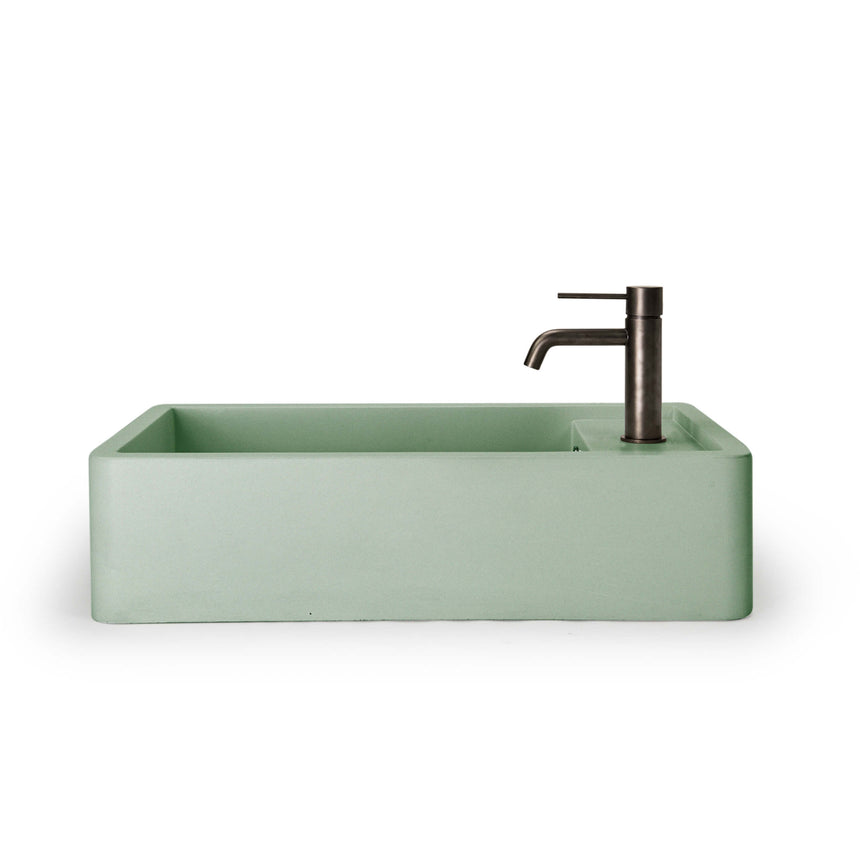 Nood Co Shelf 02 mint basin installed with matte black cylindrical tap by Tilemall