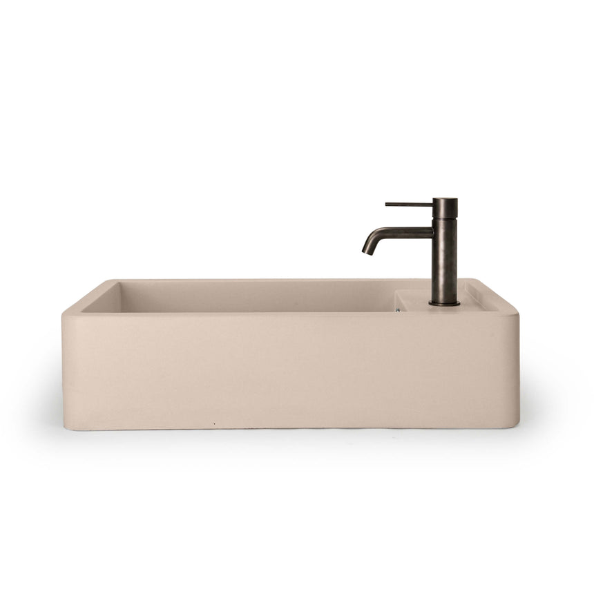 Nood Co Shelf 02 basin installed with black matte cylindrical mixer tap on right side by Tilemall