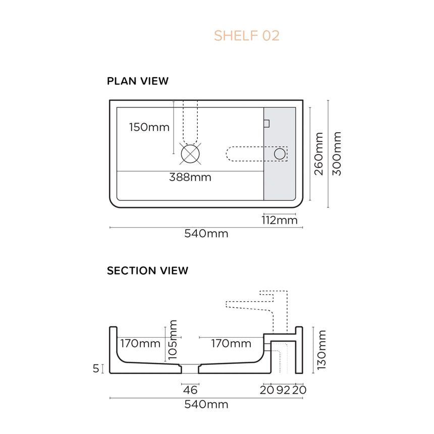 Technical dimensions diagram for Nood Co Shelf 02 basin showing plan and section views by Tilemall