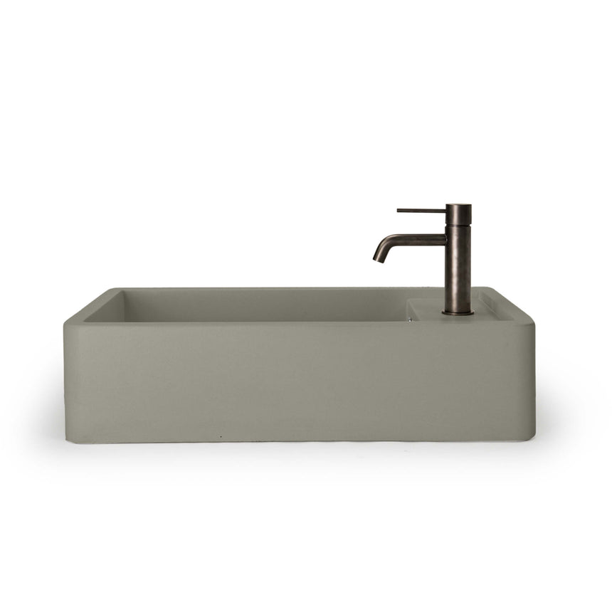 Nood Co Shelf 02 olive basin installed with matte black tap in bathroom interior by Tilemall
