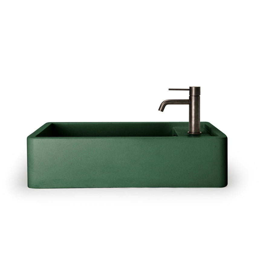 Nood Co Shelf 02 teal basin with matte black tap installed, surface mount style by Tilemall