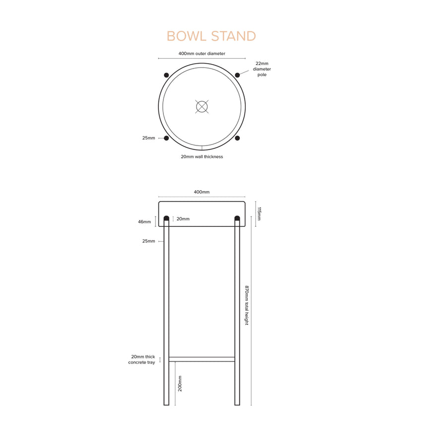 Technical dimensions diagram for Nood Co Bowl Stand Basin 400mm outer diameter, 870mm total height by Tilemall