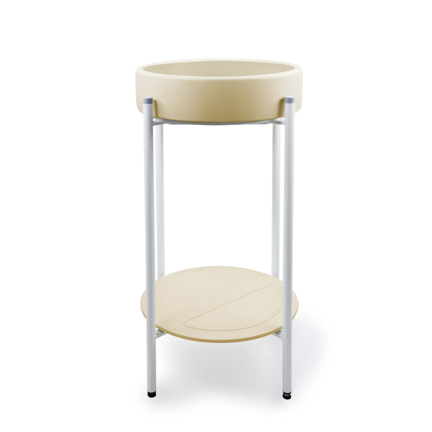Nood Co Bowl Basin round above-counter ceramic basin by Tilemall, custard 400mm, on white metal stand with concrete tray (view 2)