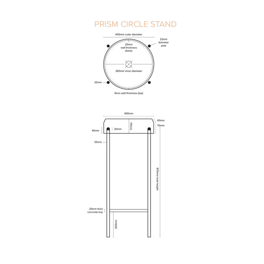 Nood Co Technical dimensions diagram for NC Prism Circle Stand Basin 400mm outer diameter, 360mm inner by Tilemall