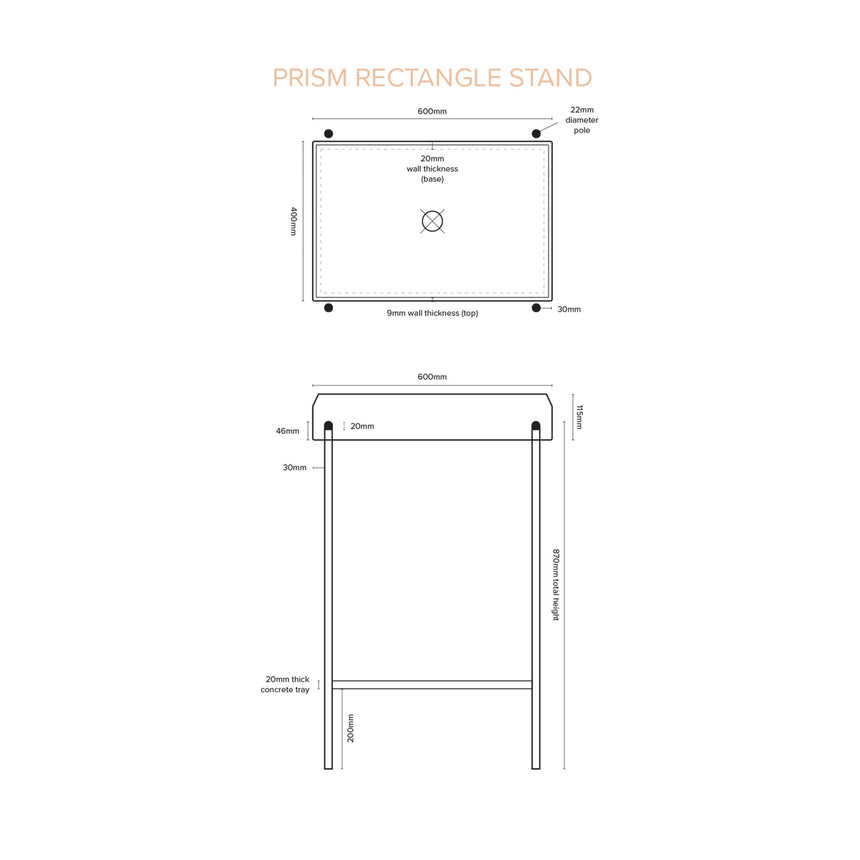 Technical dimensions diagram for Nood Co Prism Rectangle basin 600x400mm with 1155mm total height by Tilemall