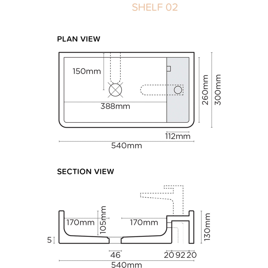 Technical dimensions diagram for Nood Co Shelf 02 basin showing plan and section views by Tilemall