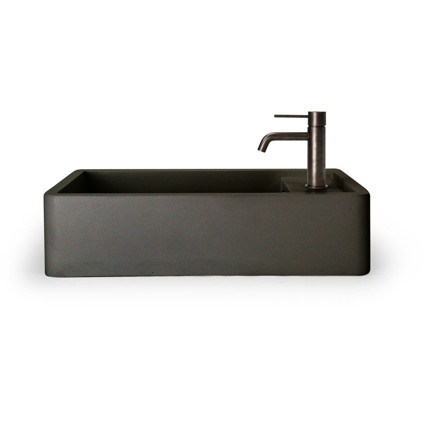 Nood Co Shelf 02 charcoal basin installed with matte black single-lever tap and overflow by Tilemall