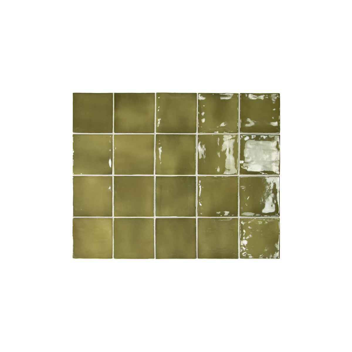 Manacor 100x100mm gloss basil green ceramic subway tiles in grid layout with reactive glaze variation by Tilemall