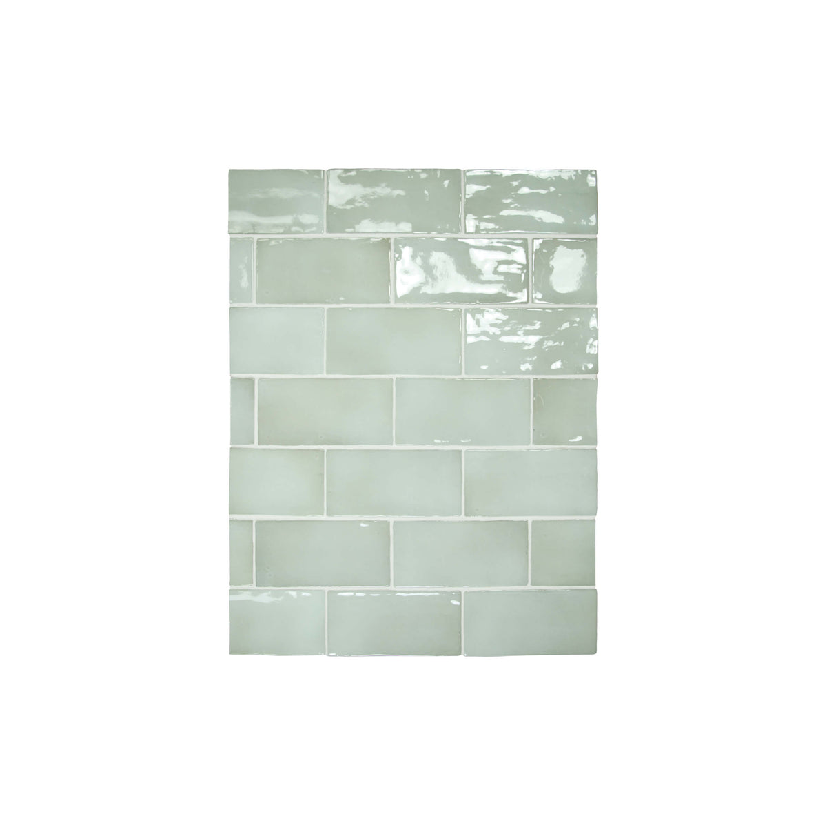 Manacor 75x150mm gloss mint subway tiles in stacked brick layout showing colour and finish variation by Tilemall
