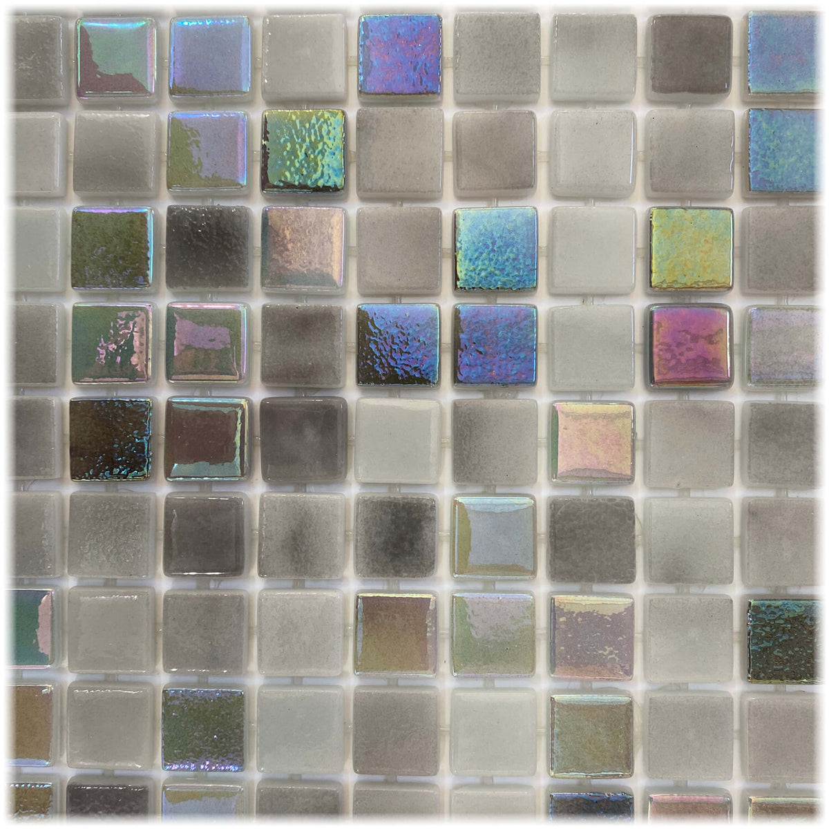 Leyla Brussels Mosaic 325x515x5.5mm glass tiles in grid layout showing iridescent colour variation across cream, purple by Tilemall