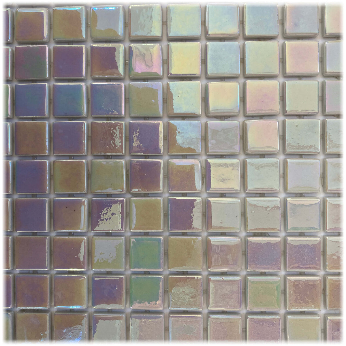 Leyla Istanbul Mosaic 325x515x5.5mm glass tiles in grid layout showing iridescent colour variation from purple, amber by Tilemall