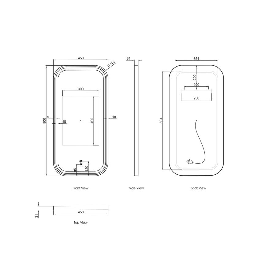 Technical dimensions diagram for Otti Newport 900x450mm LED framed mirror showing front, side, back and top views by Tilemall