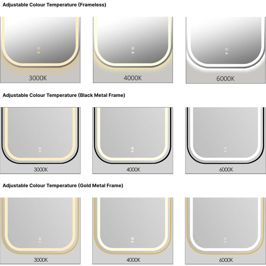 Otti 950x500mm Newport LED mirror colour temperature options at 3000K, 4000K and 6000K with brushed gold, black and frameless frame finishes by Tilemall