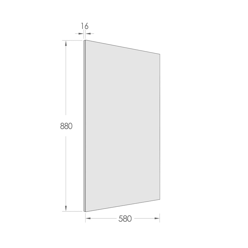 Technical dimensions diagram for Otti Byron end panel: 880mm height, 580mm width, 16mm depth by Tilemall