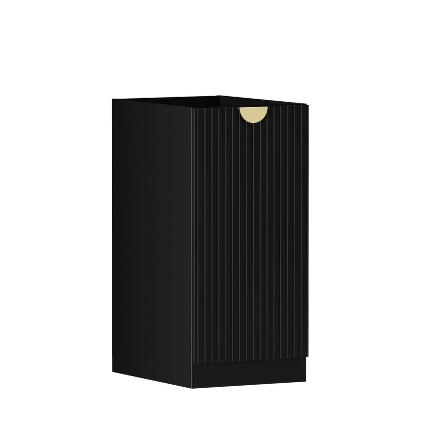 Otti Marlo matte black laundry cabinet front angled view showing ribbed door panel and brass hardware by Tilemall