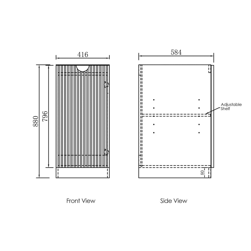 Technical dimensions diagram for Otti Marlo laundry cabinet: 416mm width, 880mm height, adjustable shelf by Tilemall