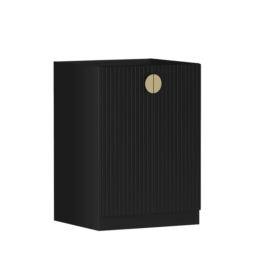 Otti Marlo matte black laundry cabinet 630mm angled view showing fluted door and brass circular knob by Tilemall
