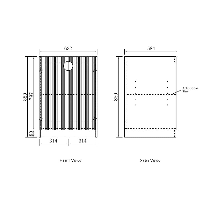 Technical dimensions diagram for Otti Marlo 630mm laundry base cabinet with adjustable shelf and front/side views by Tilemall