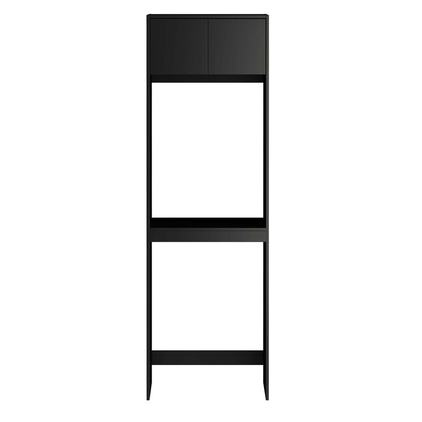Otti Hampshire tall matte black washing machine cabinet by Tilemall, 2100mm high, front view with two cupboards and open shelving