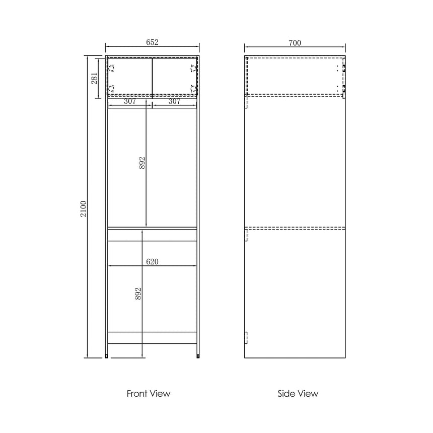 Technical dimensions diagram for Otti Hampshire 2100mm tall washing machine cabinet, front and side views with measurements by Tilemall