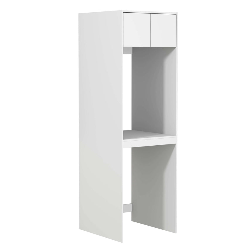 Otti Hampshire matte white laundry cabinet by Tilemall, 2100mm tall, angled view showing open door and interior shelf