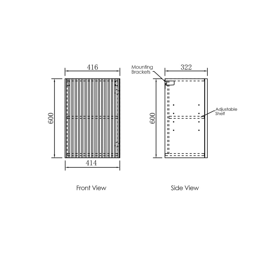 Technical dimensions diagram for Otti Marlo 415mm wall cabinet with mounting brackets and adjustable shelf by Tilemall