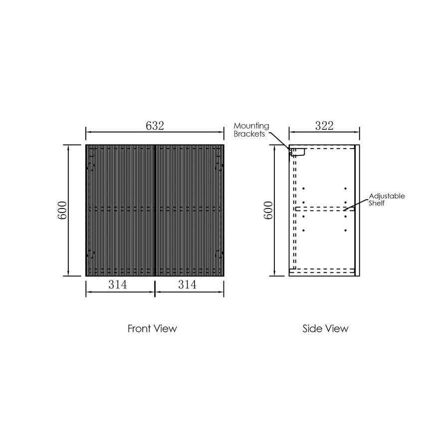 Technical dimensions diagram for Otti Marlo 630mm wall-hung laundry cabinet with adjustable shelf by Tilemall