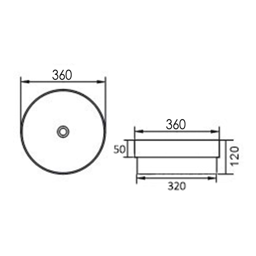 Technical dimensions diagram for Otti Sink round semi-inset basin 360mm x 120mm depth by Tilemall