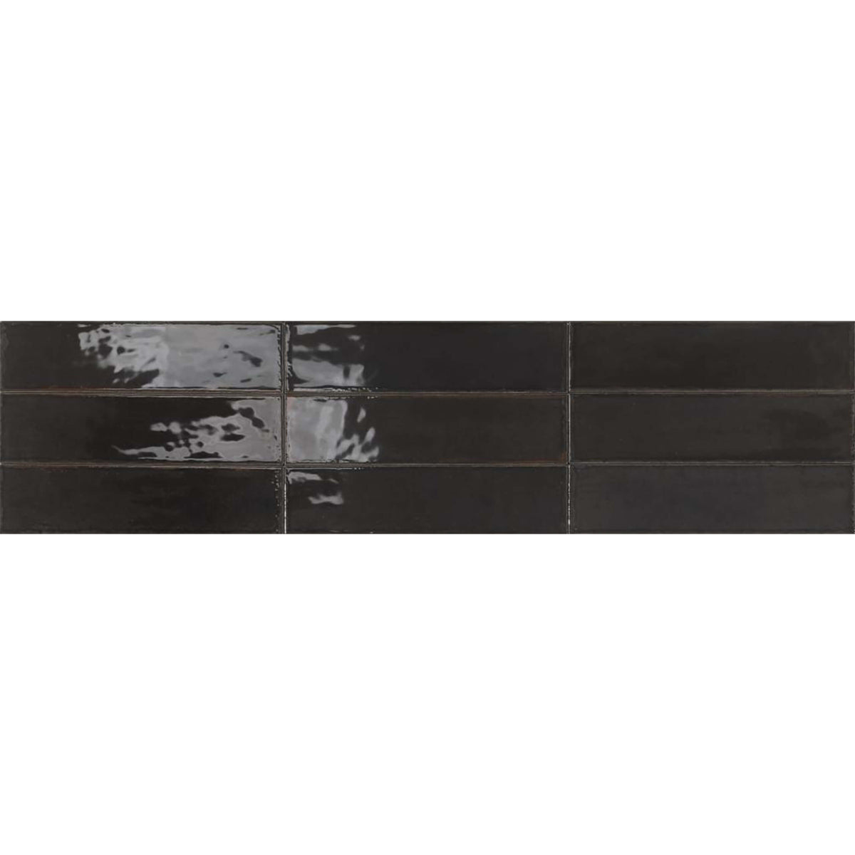 Agadir 70x280mm gloss noche subway tiles in stacked arrangement showing reflective dark surface by Tilemall