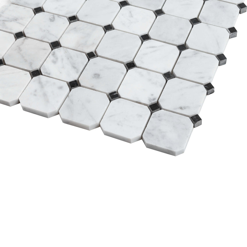 Natural Marble Mosaic Octagon 48x48 Carrara Honed with Nero Marquina Dot Marble Mosaic Tilemall