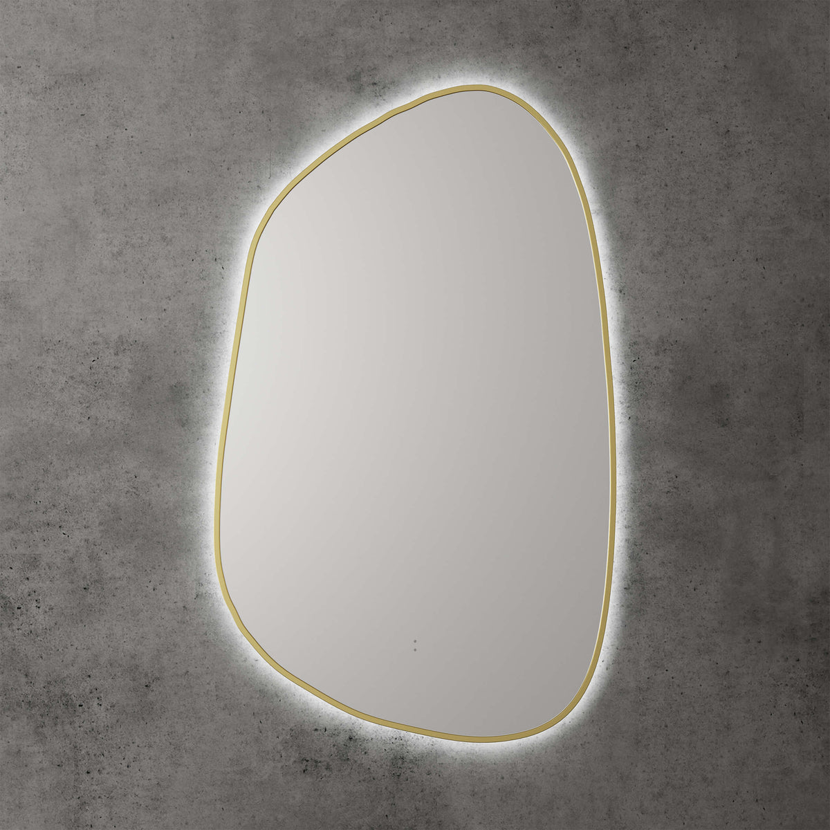 Aulic Tracoola tarcoola asymmetric LED mirror by Tilemall, 553x903mm, brushed gold frame with perimeter LED lighting