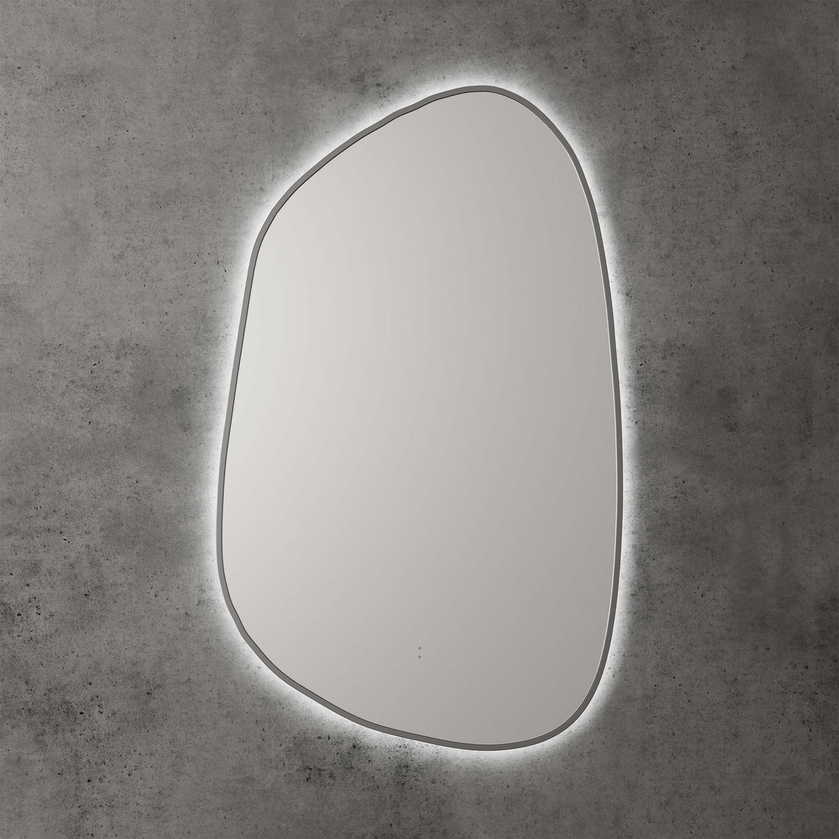 Aulic Tracoola tarcoola asymmetric LED mirror 553x903mm by Tilemall with gun metal frame and integrated edge lighting