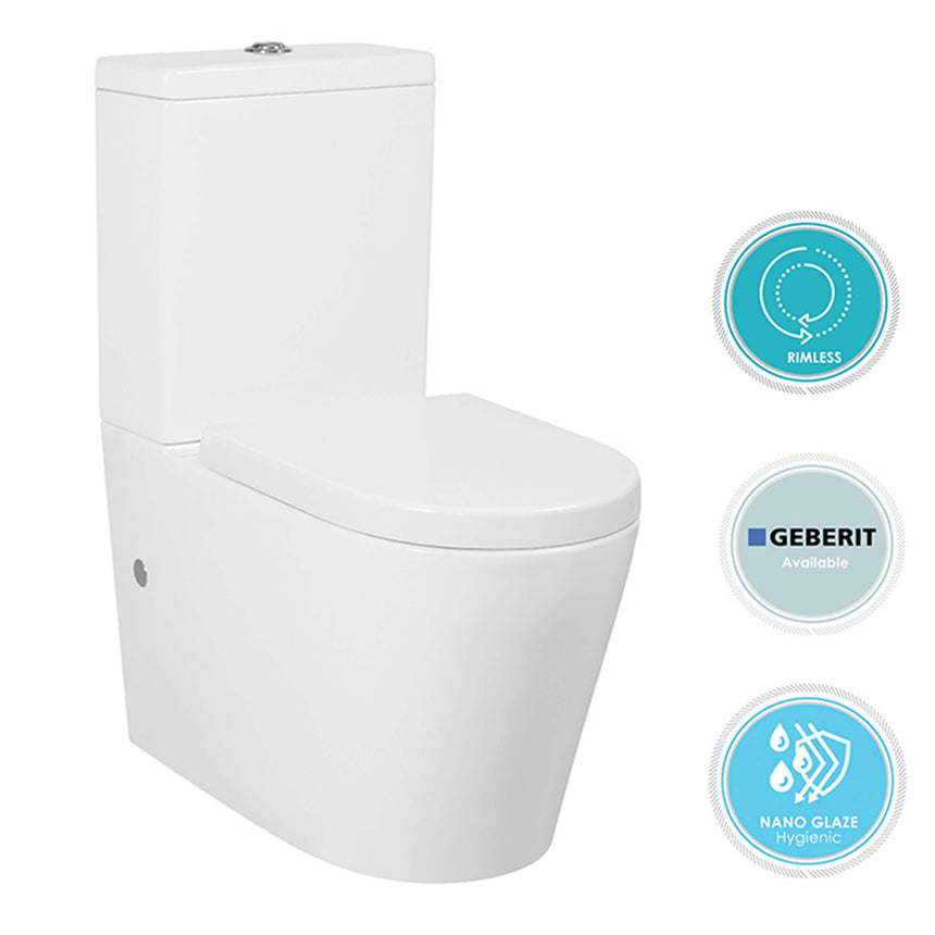Inspire Alzano IS rimless close-coupled toilet suite by Tilemall in gloss white with Geberit and nano glaze