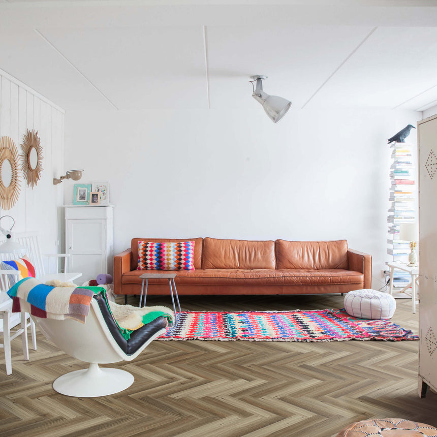 Belle Vie Herringbone Hybrid Collection 625x125x7mm Spotted Gum Hybrid Flooring Topdeck