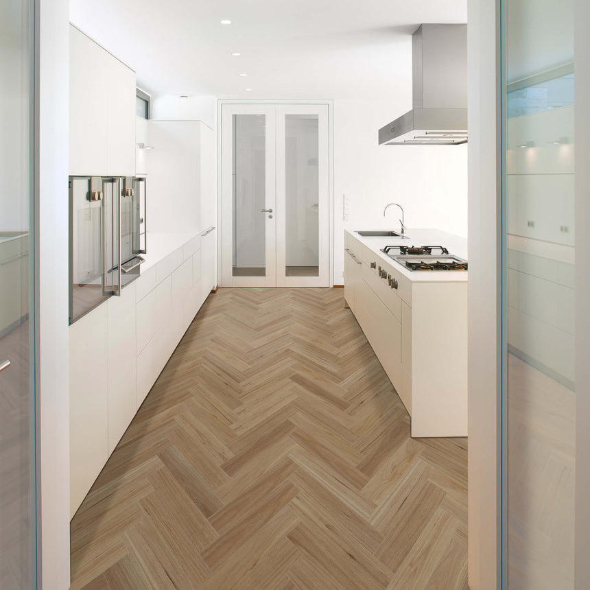 Belle Vie Herringbone Hybrid Collection 625x125x7mm Blackbutt Hybrid Flooring Topdeck