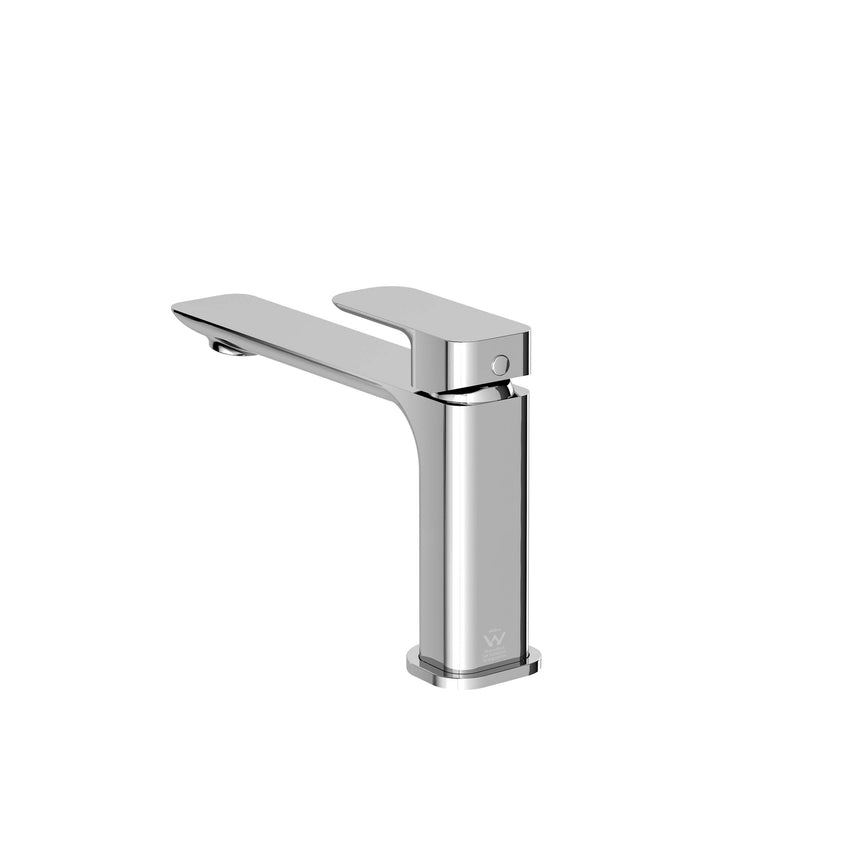 Otti Oskar chrome basin mixer from side angle with lever handle and extended spout by Tilemall