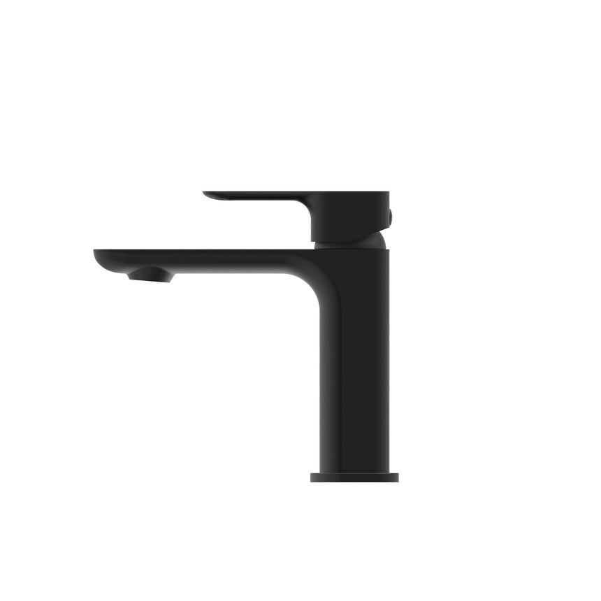 Close-up of Otti Oskar matte black basin mixer showing flat lever handle design by Tilemall