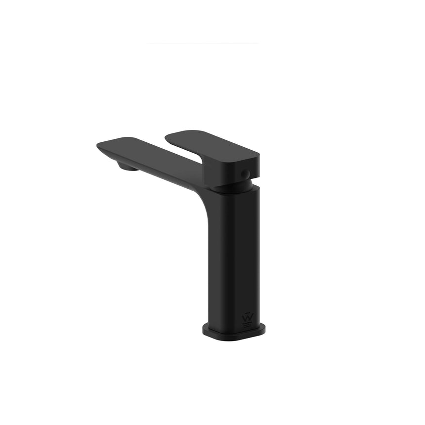 Otti Oskar matte black basin mixer front view with branded base detail by Tilemall