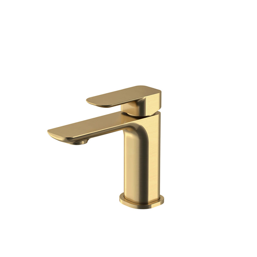 Otti Oskar brushed gold basin mixer by Tilemall with single lever handle and curved spout