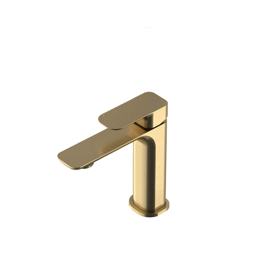 Otti Oskar brushed gold basin mixer angled view showing lever handle and tapered body by Tilemall